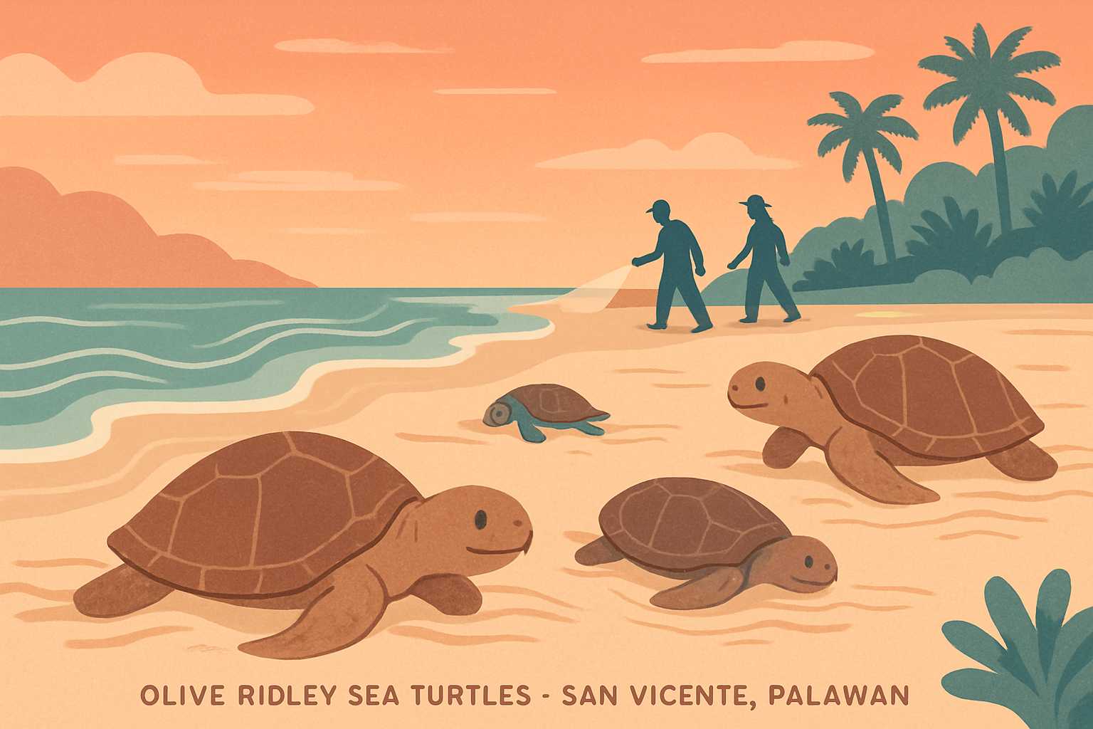 Illustration of olive ridley sea turtles nesting